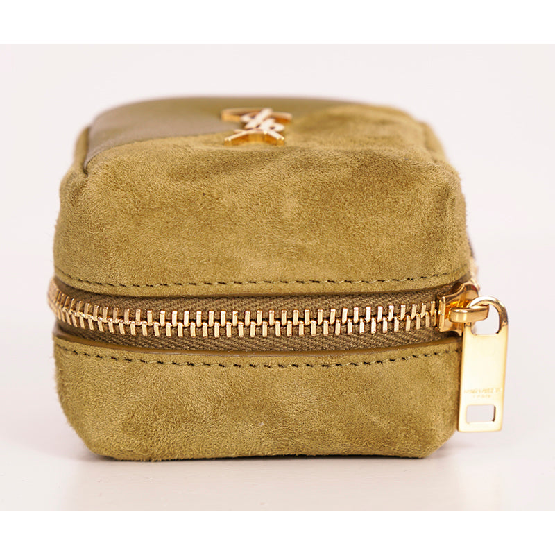NEW $575 SAINT LAURENT Khaki Tan LEATHER Suede YSL Keyring Jamie CUBE BAG CHARM