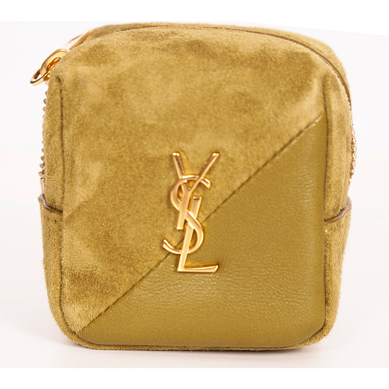 NEW $575 SAINT LAURENT Khaki Tan LEATHER Suede YSL Keyring Jamie CUBE BAG CHARM