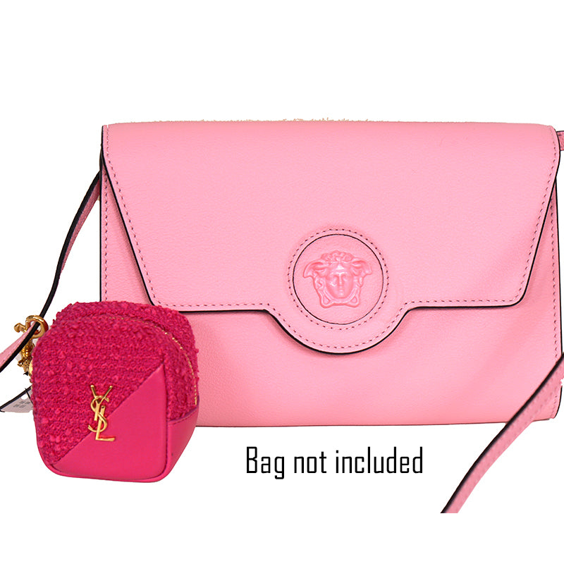 NEW $575 SAINT LAURENT Pink TWEED & LEATHER YSL Keyring Jamie CUBE BAG CHARM