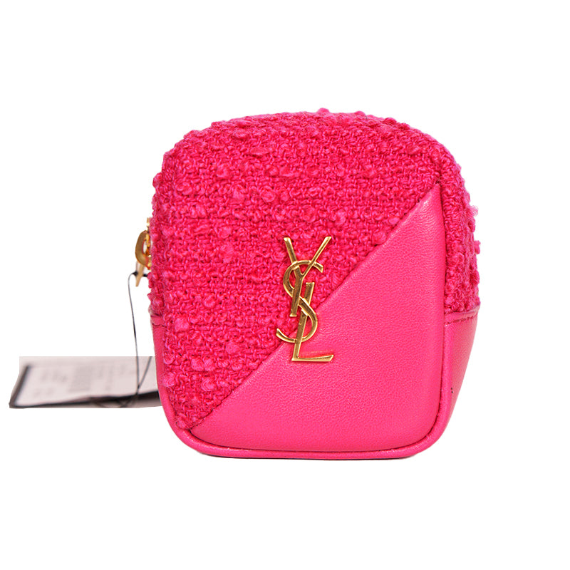 NEW $575 SAINT LAURENT Pink TWEED & LEATHER YSL Keyring Jamie CUBE BAG CHARM
