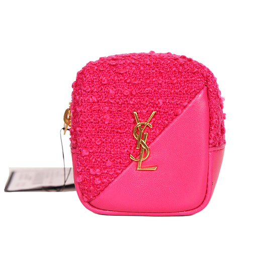 NEW $575 SAINT LAURENT Pink TWEED & LEATHER YSL Keyring Jamie CUBE BAG CHARM