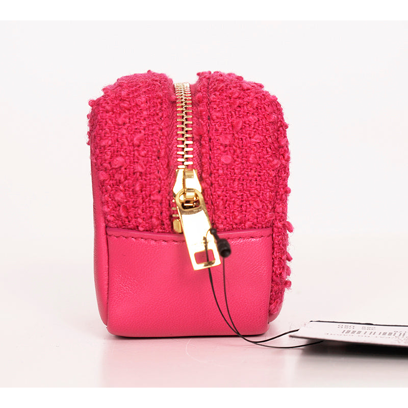 NEW $575 SAINT LAURENT Pink TWEED & LEATHER YSL Keyring Jamie CUBE BAG CHARM