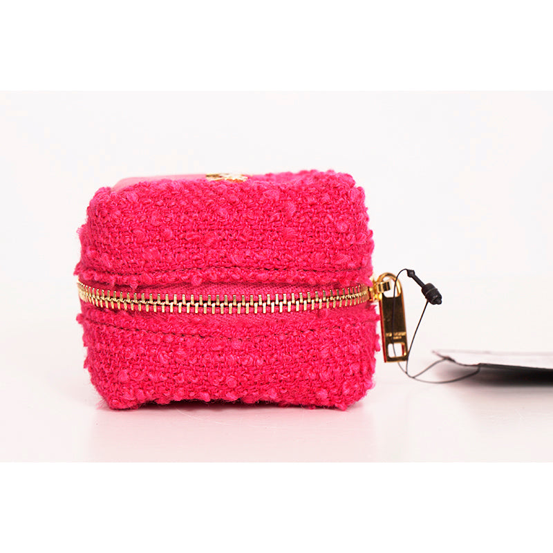 NEW $575 SAINT LAURENT Pink TWEED & LEATHER YSL Keyring Jamie CUBE BAG CHARM