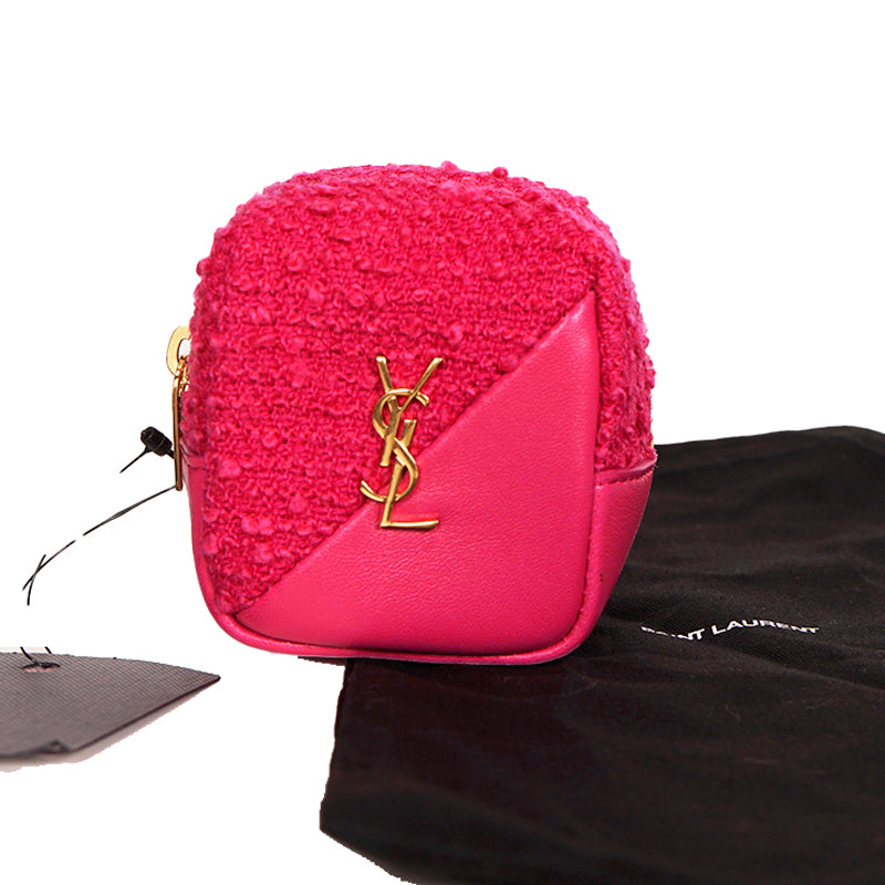 NEW $575 SAINT LAURENT Pink TWEED & LEATHER YSL Keyring Jamie CUBE BAG CHARM