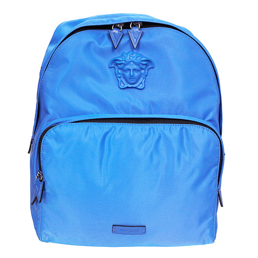 NEW $1,250 VERSACE Blue Nylon LA MEDUSA LOGO Travel Bag BACKPACK - PURPLE LINING