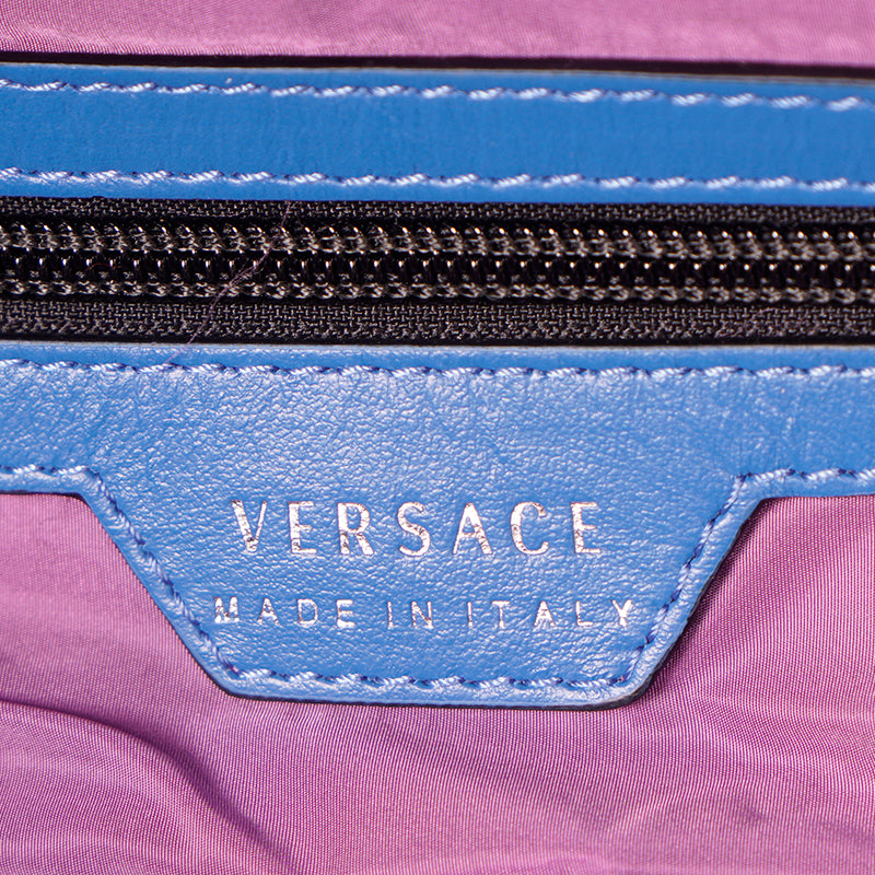 NEW $1,250 VERSACE Blue Nylon LA MEDUSA LOGO Travel Bag BACKPACK - PURPLE LINING