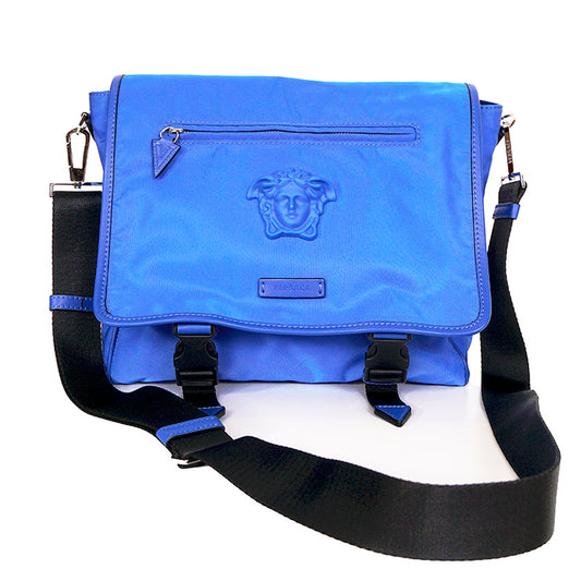 NEW $1,395 VERSACE RUNWAY Blue Nylon LA MEDUSA LOGO Crossbody LAP TOP FLAP BAG