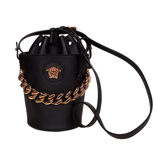 $1825 VERSACE RUNWAY Black Leather LA MEDUSA Drawstring CHAIN ACCENT BUCKET BAG