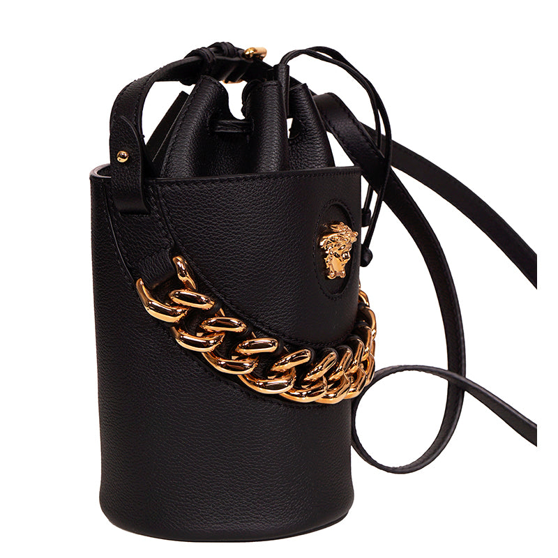 $1825 VERSACE RUNWAY Black Leather LA MEDUSA Drawstring CHAIN ACCENT BUCKET BAG