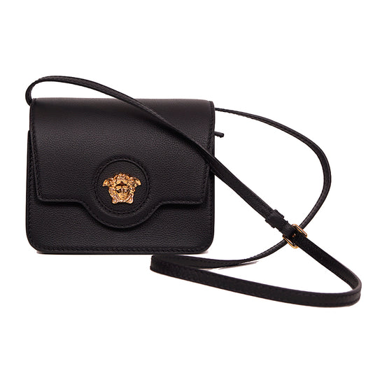 NEW $1575 VERSACE Black Leather GOLD LA MEDUSA LOGO Crossbody SMALL FLAP BAG NWT