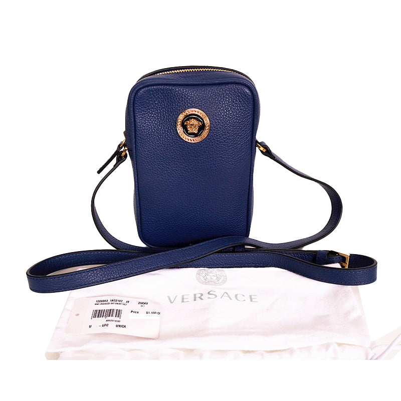 NEW $,1100 VERSACE Mens Blue Leather GOLD MEDUSA LOGO Crossbody Travel Small BAG