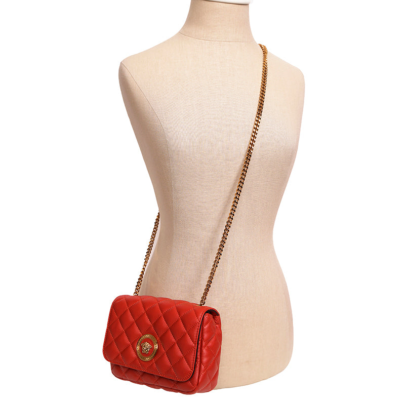 NEW $1300 VERSACE Red Quilted Lambskin Leather MEDUSA HEAD LOGO Classic Flap SMALL BAG
