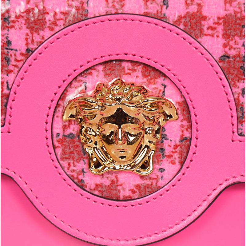 NEW $1550 VERSACE Pink Leather & Vinyl Houndstooth LA MEDUSA Crossbody FLAP BAG