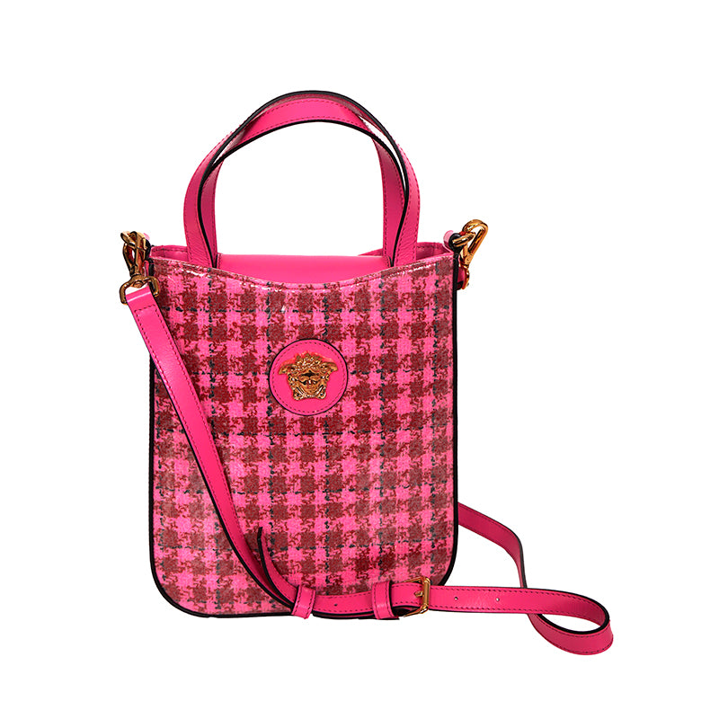 NEW $1325 VERSACE Pink Leather & Vinyl Houndstooth LA MEDUSA Crossbody TOTE BAG