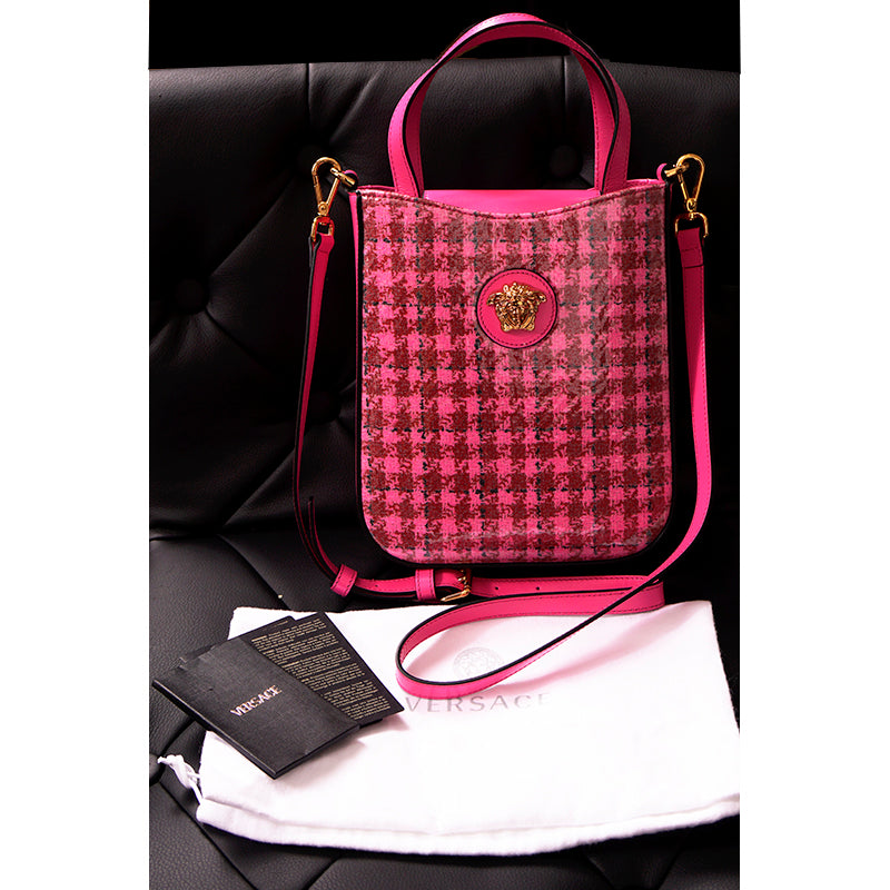 NEW $1325 VERSACE Pink Leather & Vinyl Houndstooth LA MEDUSA Crossbody TOTE BAG
