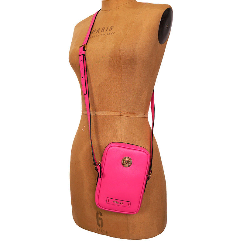 NEW $850 VERSACE Pink Leather GOLD BIGGIE MEDUSA LOGO Crossbody Phone Camera BAG