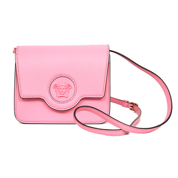 NEW $1575 VERSACE Bubblegum Pink Leather LA MEDUSA LOGO Crossbody SMALL FLAP BAG