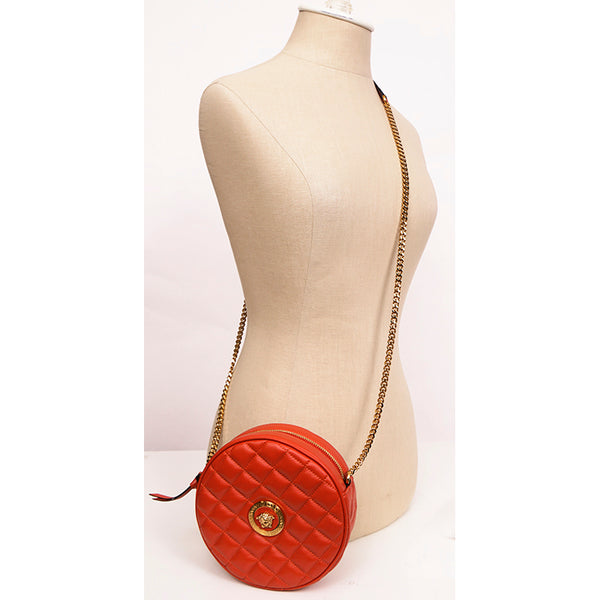 NEW $1250 VERSACE Red Quilted Lambskin Leather GOLD MEDUSA HEAD LOGO Round BAG