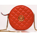 NEW $1250 VERSACE Red Quilted Lambskin Leather GOLD MEDUSA HEAD LOGO Round BAG