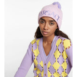 NEW $495 VERSACE Light Pink & Lavender 100% Wool Knit POM POM LOGO BEANIE HAT