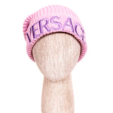 NEW $495 VERSACE Light Pink & Lavender 100% Wool Knit POM POM LOGO BEANIE HAT