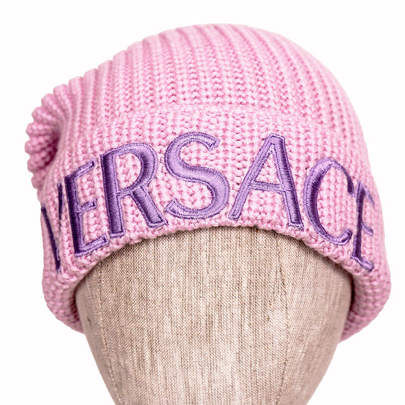 NEW $495 VERSACE Light Pink & Lavender 100% Wool Knit POM POM LOGO BEANIE HAT