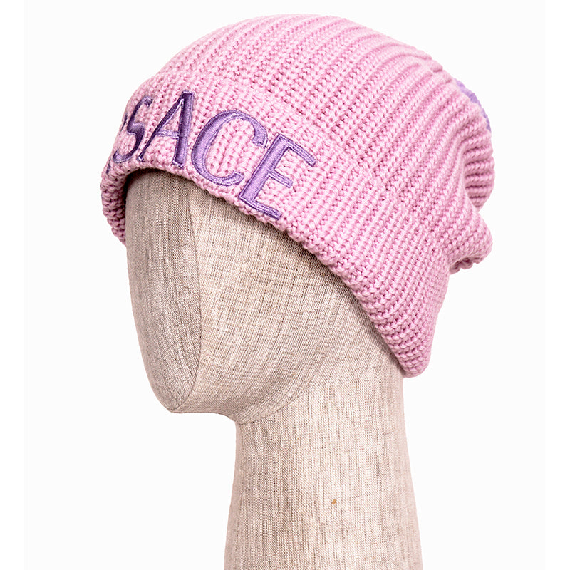 NEW $495 VERSACE Light Pink & Lavender 100% Wool Knit POM POM LOGO BEANIE HAT