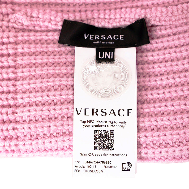 NEW $495 VERSACE Light Pink & Lavender 100% Wool Knit POM POM LOGO BEANIE HAT