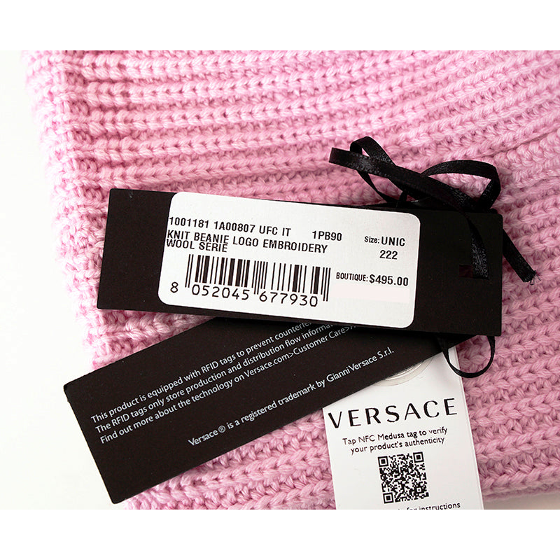 NEW $495 VERSACE Light Pink & Lavender 100% Wool Knit POM POM LOGO BEANIE HAT