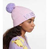 NEW $495 VERSACE Light Pink & Lavender 100% Wool Knit POM POM LOGO BEANIE HAT