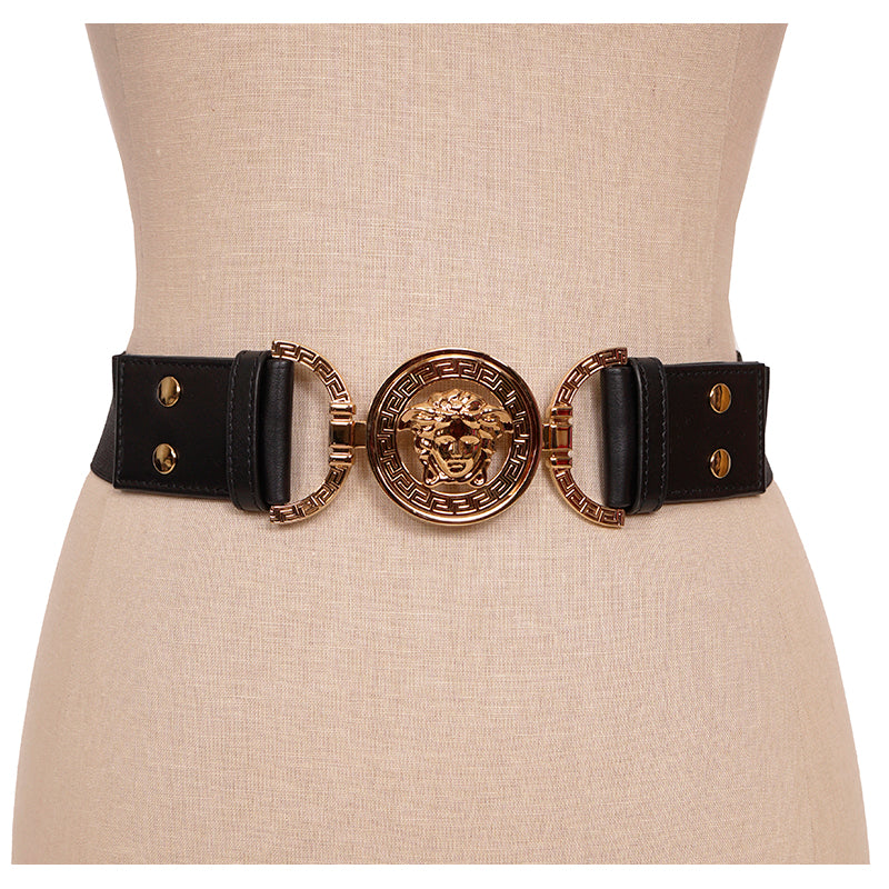 sz S NEW $590 VERSACE Black Leather Elastic 4cm MEDUSA BUCKLE Wide '95 BELT