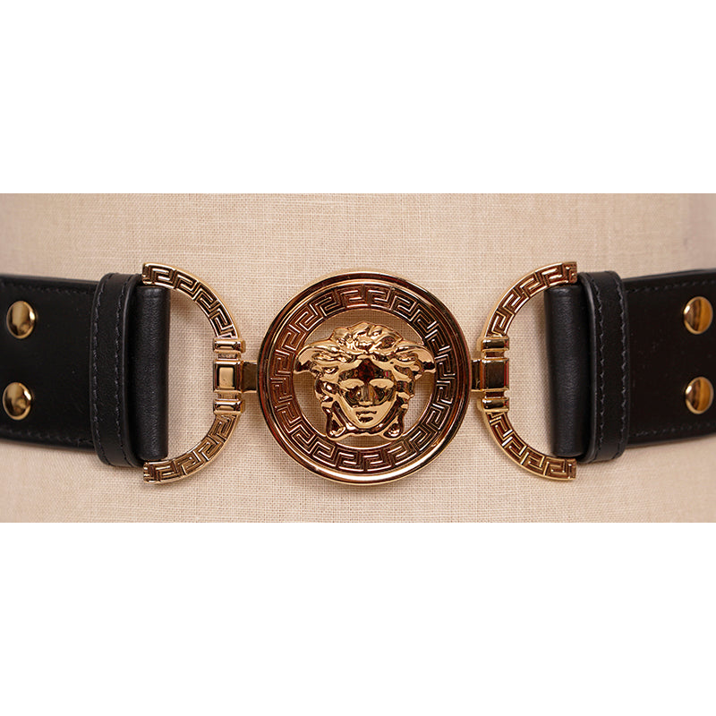 sz S NEW $590 VERSACE Black Leather Elastic 4cm MEDUSA BUCKLE Wide '95 BELT