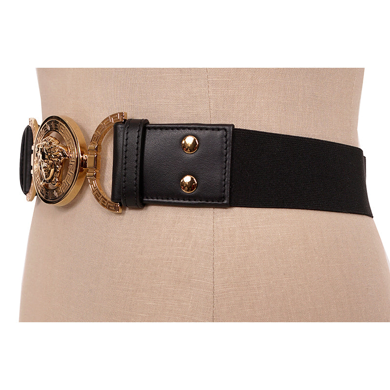 sz S NEW $590 VERSACE Black Leather Elastic 4cm MEDUSA BUCKLE Wide '95 BELT
