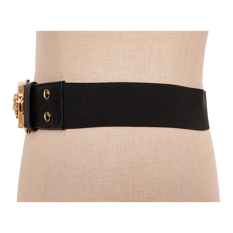 sz S NEW $590 VERSACE Black Leather Elastic 4cm MEDUSA BUCKLE Wide '95 BELT