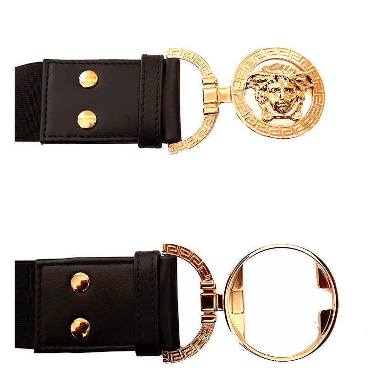 sz S NEW $590 VERSACE Black Leather Elastic 4cm MEDUSA BUCKLE Wide '95 BELT