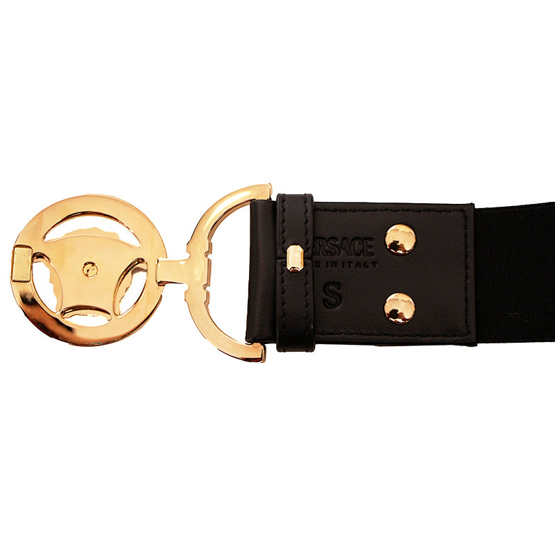 sz S NEW $590 VERSACE Black Leather Elastic 4cm MEDUSA BUCKLE Wide '95 BELT
