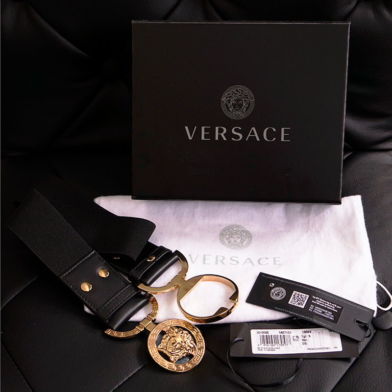 sz S NEW $590 VERSACE Black Leather Elastic 4cm MEDUSA BUCKLE Wide '95 BELT