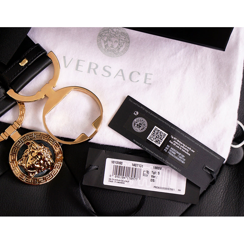 sz S NEW $590 VERSACE Black Leather Elastic 4cm MEDUSA BUCKLE Wide '95 BELT