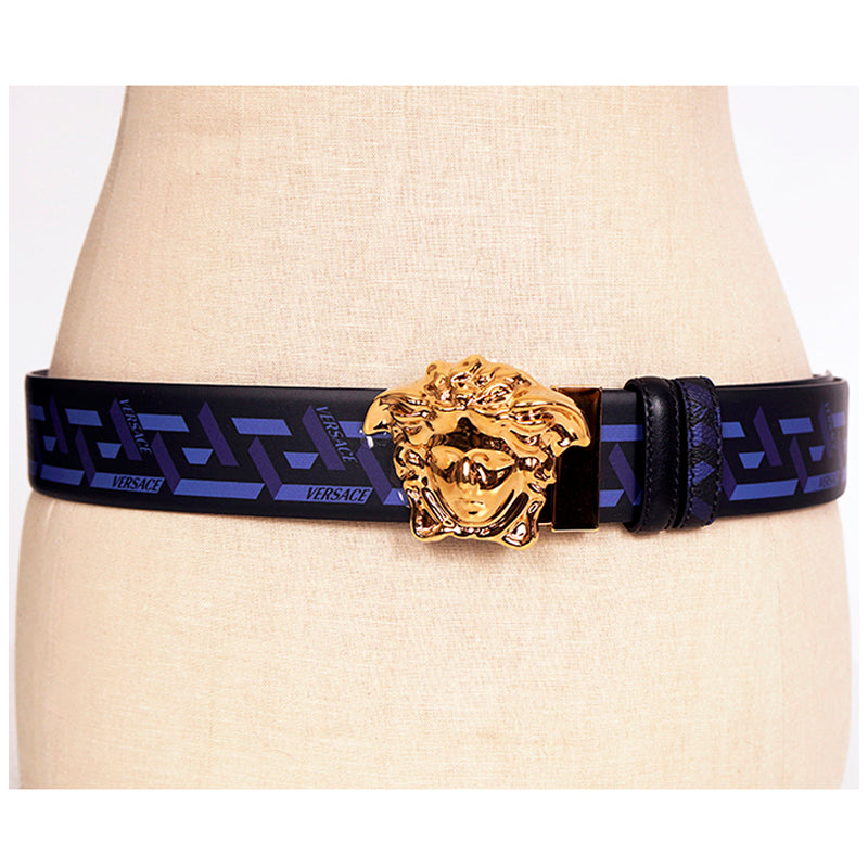 90 US 36 NEW $550VERSACE Men Blue LA GRECA PRINT Reversible MEDUSA LOGO BELT NWT