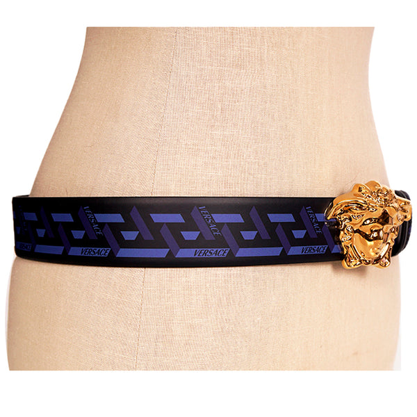 90 US 36 NEW $550VERSACE Men Blue LA GRECA PRINT Reversible MEDUSA LOGO BELT NWT