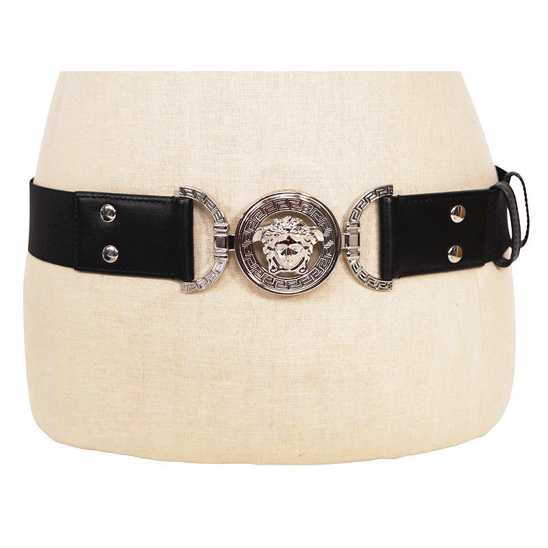 XL NEW $550 VERSACE Black Leather Elastic 4cm SILVER MEDUSA BUCKLE Wide '95 BELT