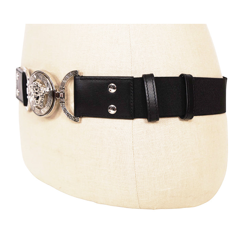 XL NEW $550 VERSACE Black Leather Elastic 4cm SILVER MEDUSA BUCKLE Wide '95 BELT
