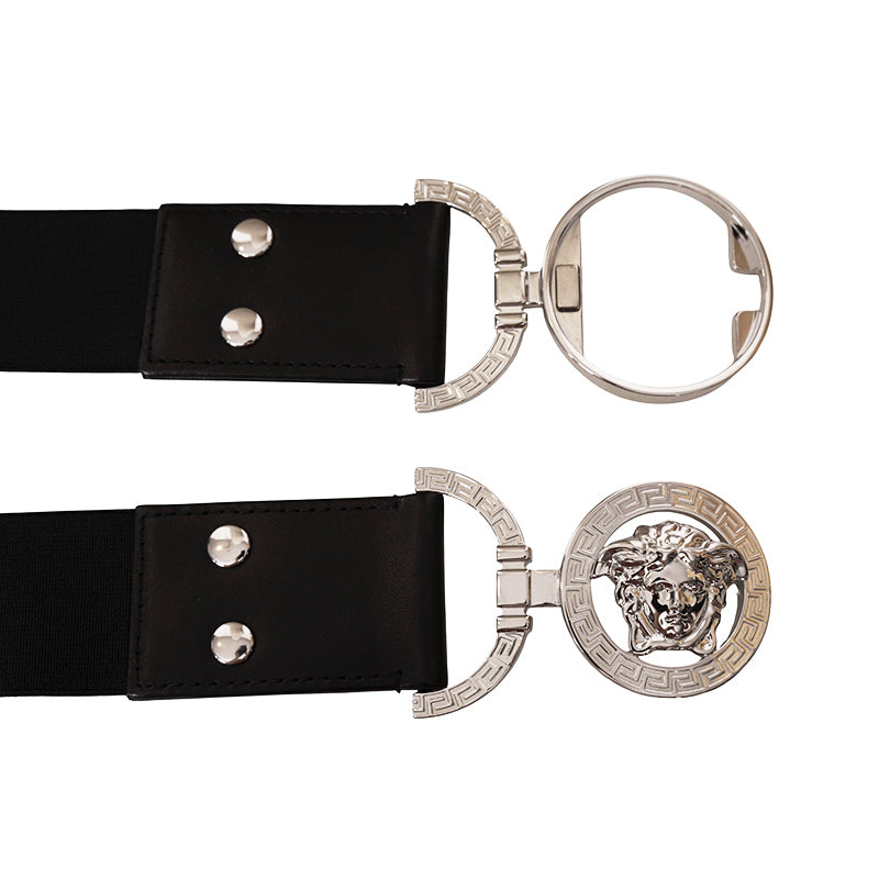 XL NEW $550 VERSACE Black Leather Elastic 4cm SILVER MEDUSA BUCKLE Wide '95 BELT