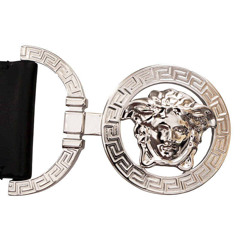 XL NEW $550 VERSACE Black Leather Elastic 4cm SILVER MEDUSA BUCKLE Wide '95 BELT