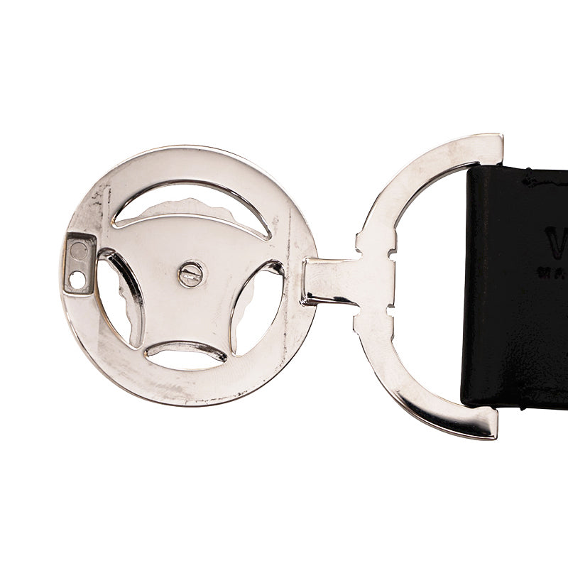 XL NEW $550 VERSACE Black Leather Elastic 4cm SILVER MEDUSA BUCKLE Wide '95 BELT