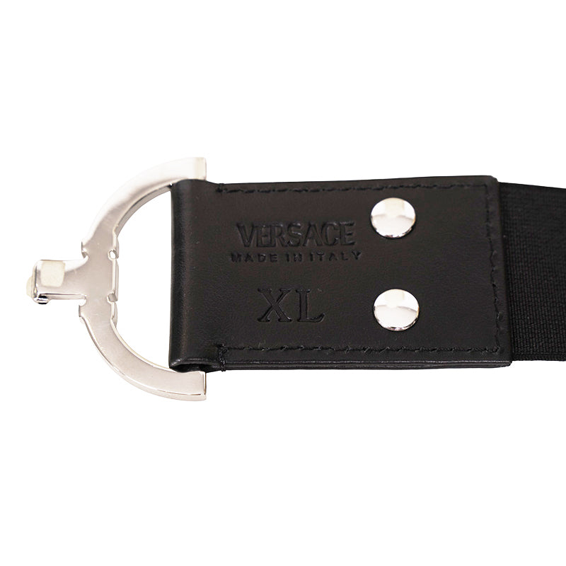 XL NEW $550 VERSACE Black Leather Elastic 4cm SILVER MEDUSA BUCKLE Wide '95 BELT