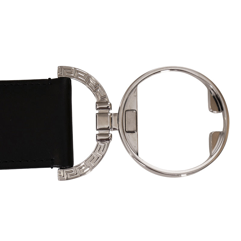 XL NEW $550 VERSACE Black Leather Elastic 4cm SILVER MEDUSA BUCKLE Wide '95 BELT
