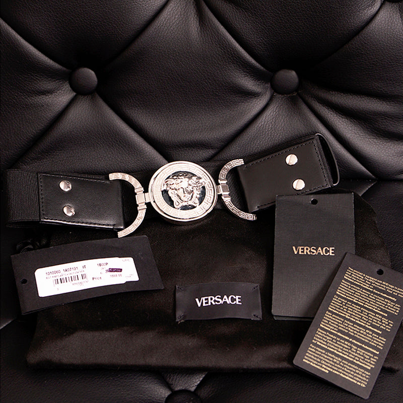 XL NEW $550 VERSACE Black Leather Elastic 4cm SILVER MEDUSA BUCKLE Wide '95 BELT