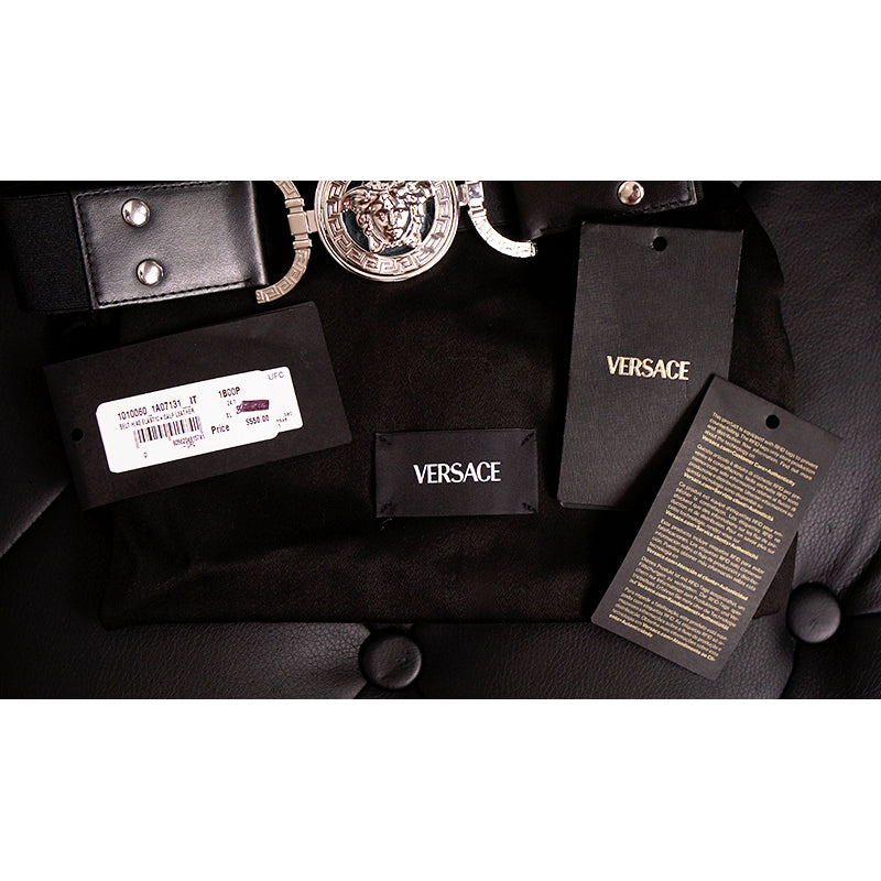 XL NEW $550 VERSACE Black Leather Elastic 4cm SILVER MEDUSA BUCKLE Wide '95 BELT