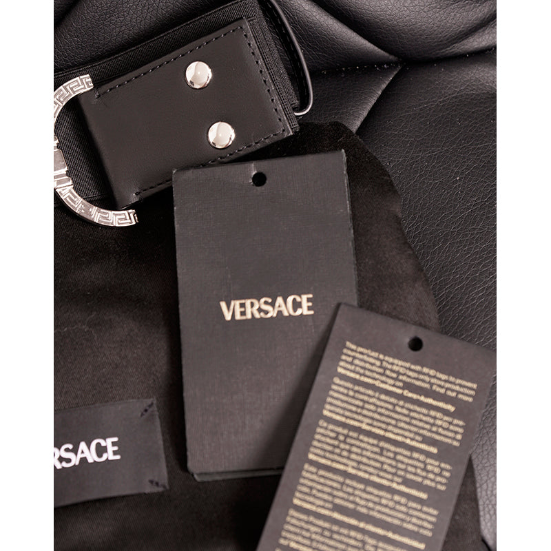 XL NEW $550 VERSACE Black Leather Elastic 4cm SILVER MEDUSA BUCKLE Wide '95 BELT